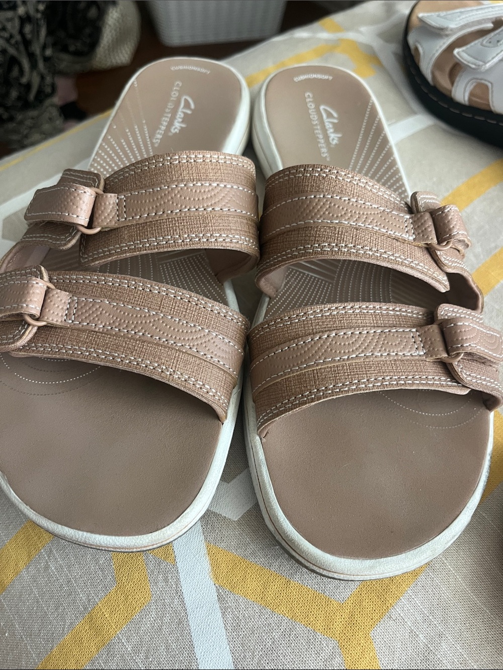 Clarks Women's Beige Leather Double-Strap Slide Sandals
